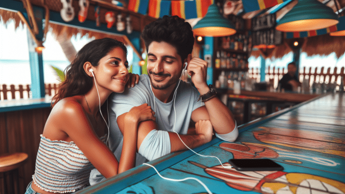 Una giovane coppia ascolta musica con gli auricolari seduta al bancone di un bar sulla spiaggia