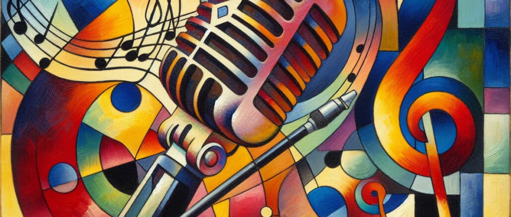 microfono e note musicali in una composizione che omaggia Franz Marc