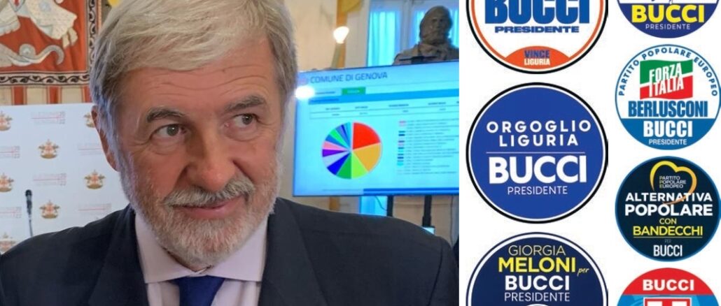 Marco Bucci e simboli liste elezioni Liguria 2024