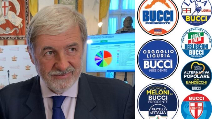 Marco Bucci e simboli liste elezioni Liguria 2024