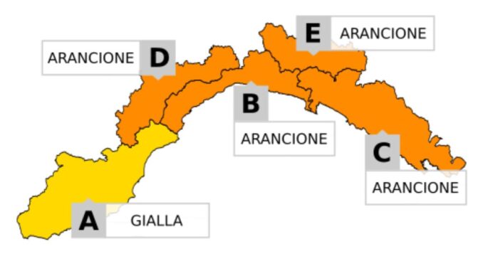 cartina allerta Liguria gialla e arancione